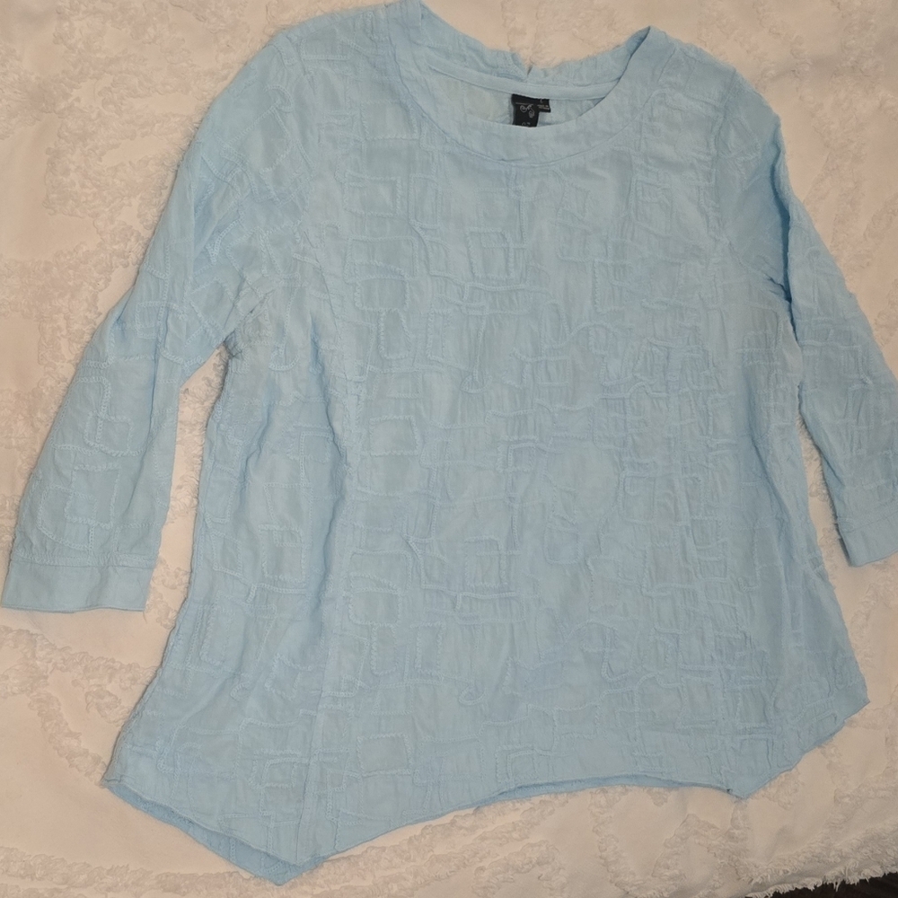 Focus Casual Life Women's Blue Textured 3/4 Sleeve Women's Top Size L (315)